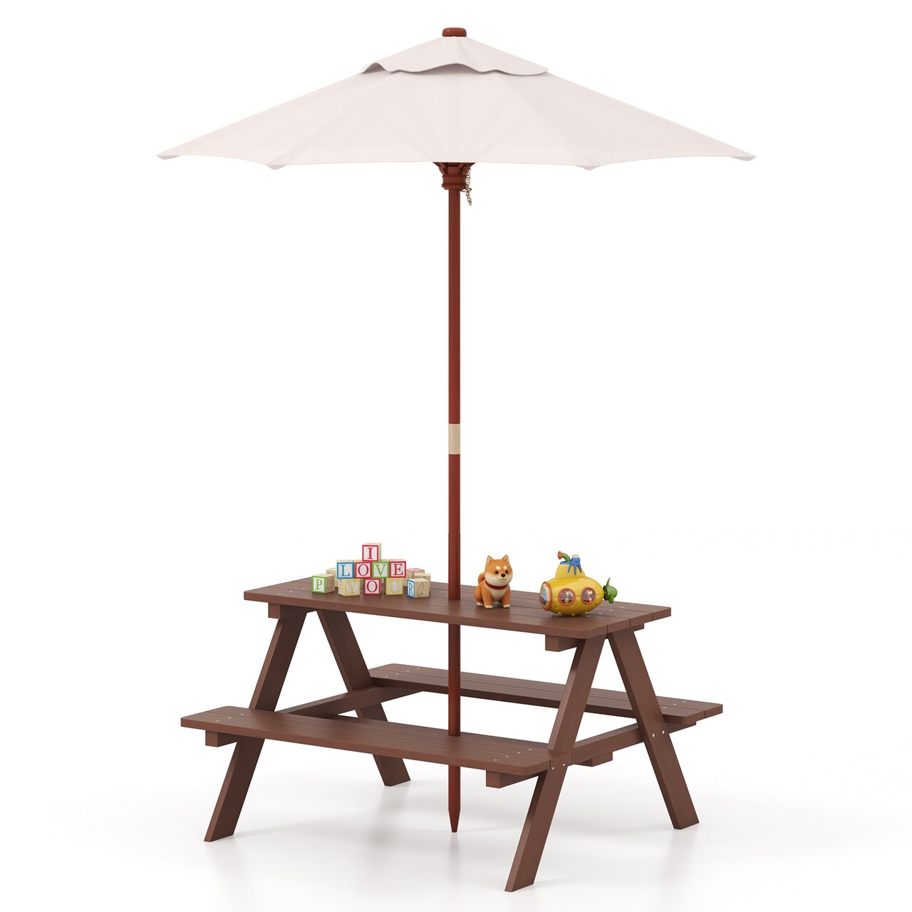 Outdoor Wooden Kids Table and Bench Set with Removable Shade Umbrella Ideal for Garden and Playroom